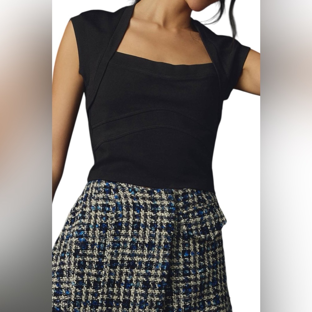 MAEVE Anthropologie Ponte Structured Top XL NWT Black Sculpted Cap Sleeve